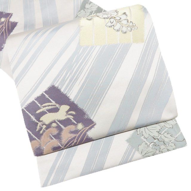 袋帯 リサイクル 正絹 セミフォーマル 仕立て上がり 六通 花の図 兎の図 金糸 絹鼠色 灰色 きもの北條 A 1302-10