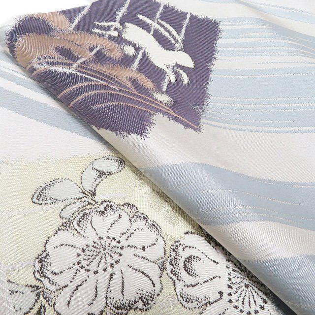  袋帯 リサイクル 正絹 セミフォーマル 仕立て上がり 六通 花の図 兎の図 金糸 絹鼠色 灰色 きもの北條 A 1302 10 袋帯 帯