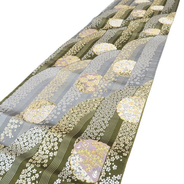 袋帯 正絹 フォーマル 仕立て上がり 六通 桜模様 雪輪 箔糸 海松色 青鈍色 金銀 きもの北條 A 1302-11