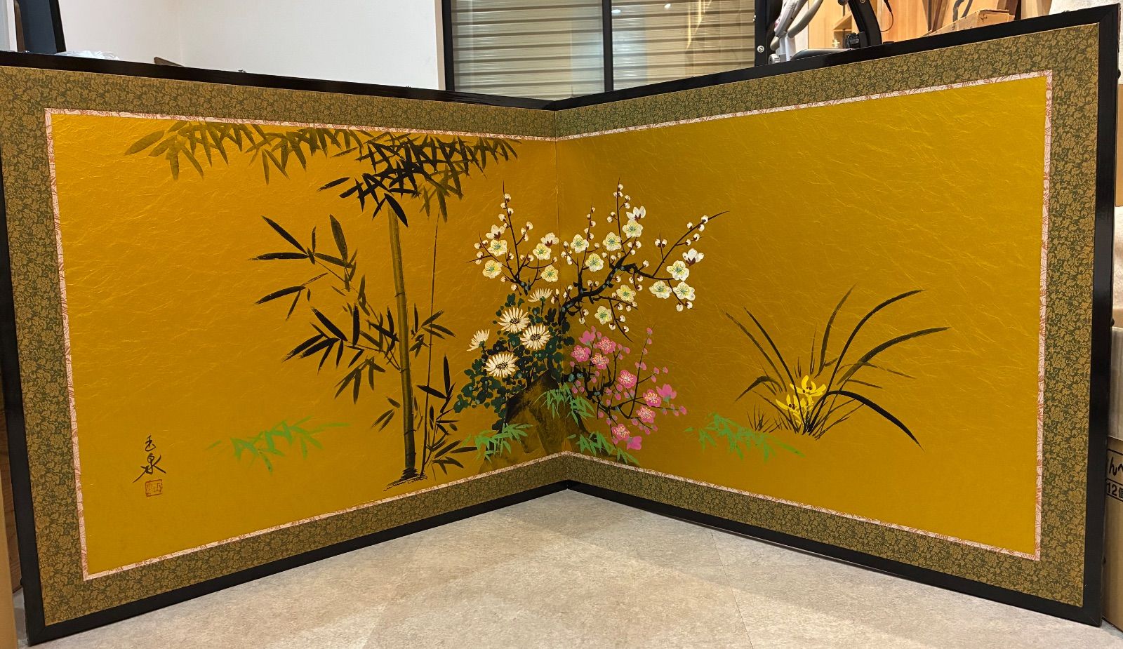 金屏風 竹梅花図 和室飾り 伝統工芸 屏風インテリア