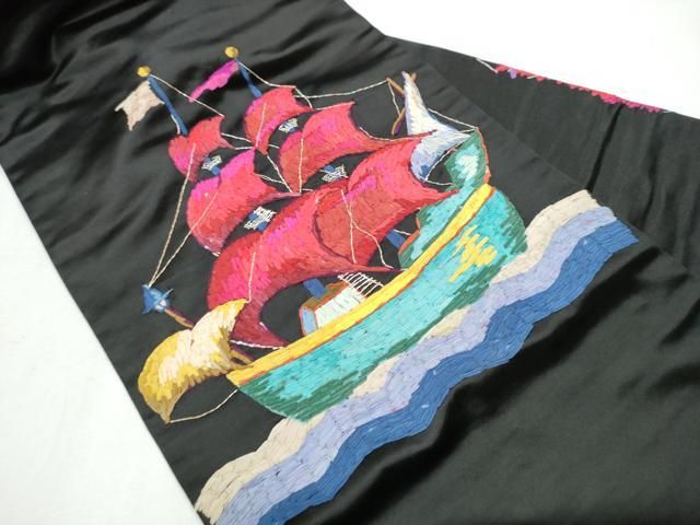 平和屋着物 アンティーク 大正ロマン 九寸名古屋帯 総刺繍 南蛮船 黒地 銀糸 正絹 hy