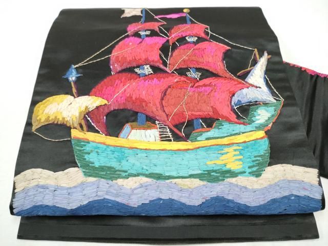 平和屋着物 アンティーク 大正ロマン 九寸名古屋帯 総刺繍 南蛮船 黒地 銀糸 正絹 hy