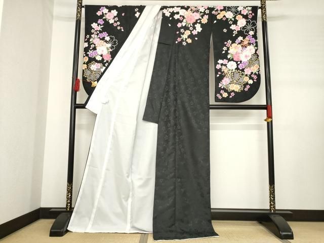 平和屋着物○小振袖 二尺袖 雪輪簪花文 黒地 金彩 洗える着物