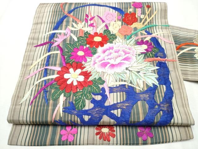 平和屋着物 アンティーク 大正ロマン 九寸名古屋帯 総刺繍 花籠文 金糸 正絹 hy