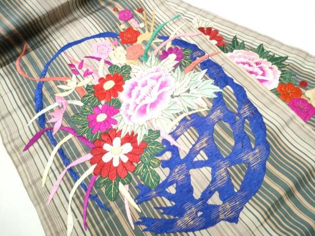 平和屋着物 アンティーク 大正ロマン 九寸名古屋帯 総刺繍 花籠文 金糸 正絹 hy