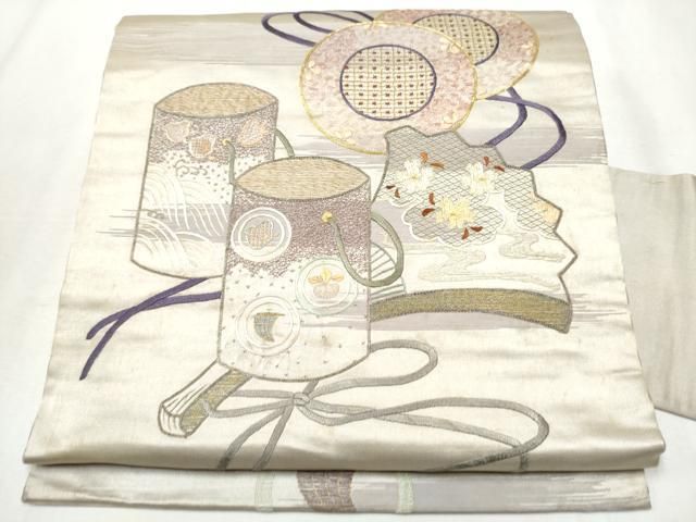 平和屋着物 アンティーク 大正ロマン 中国三大刺繍 相良刺繍 総刺繍 九寸名古屋帯 駒刺繍 鏡裏扇面千鳥花文 金彩 正絹 hy