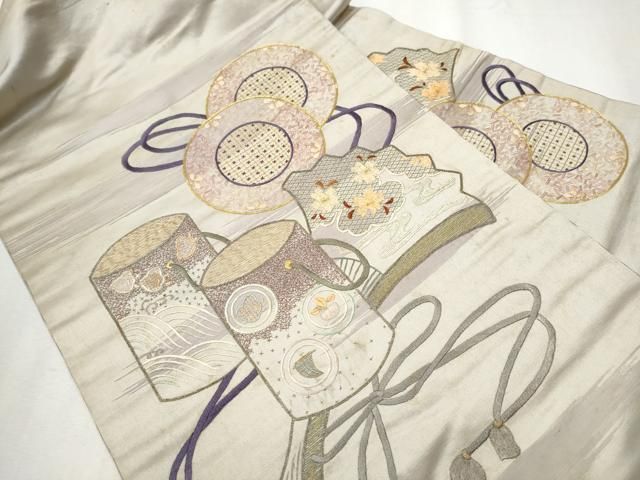 平和屋着物 アンティーク 大正ロマン 中国三大刺繍 相良刺繍 総刺繍 九寸名古屋帯 駒刺繍 鏡裏扇面千鳥花文 金彩 正絹 hy