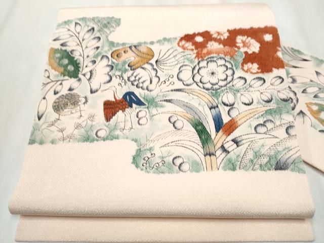 平和屋着物●九寸名古屋帯　手描き　辻が花　鬼しぼ縮緬　正絹　逸品　CABB0452hy 平和屋着物○九寸名古屋帯 手描き 辻が花 鬼しぼ縮緬 正絹 逸品