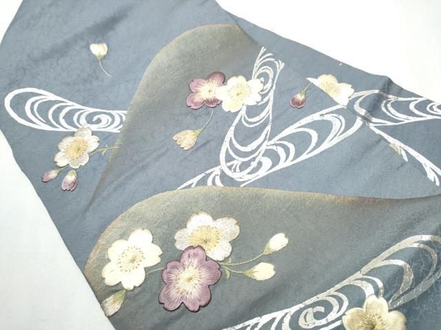平和屋着物 アンティーク 大正ロマン 九寸名古屋帯 舞桜文 銀彩 正絹 hy