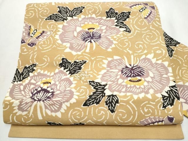 平和屋着物 九寸名古屋帯 紬地 型染め 花蝶文 正絹 hy