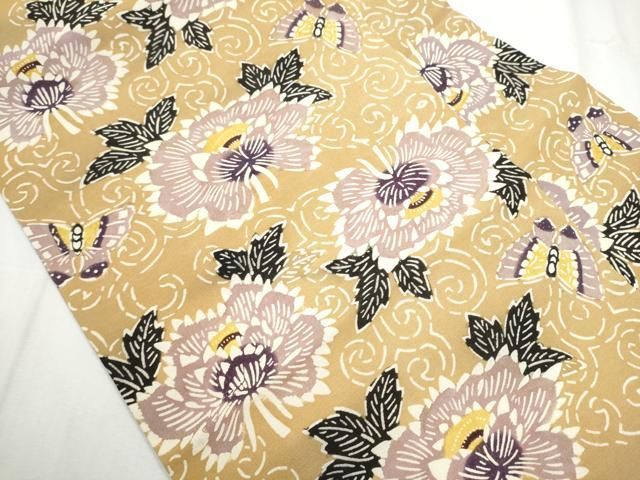 平和屋着物 九寸名古屋帯 紬地 型染め 花蝶文 正絹 hy