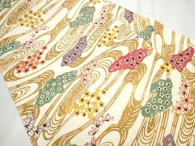 平和屋着物 九寸名古屋帯 紬地 型染め 流水草花文 正絹 hy