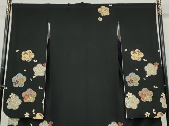 平和屋着物●豪華振袖　舞花文　黒地　金彩　鬼しぼ縮緬　正絹　逸品　CABA8165ut 平和屋着物○豪華振袖 舞花文 黒地 金彩 鬼しぼ縮緬 正絹 逸品