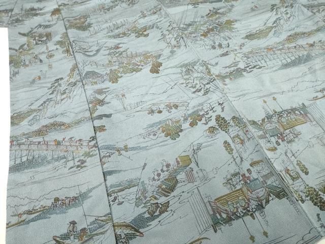 平和屋着物○男性 小紋 型染め 人物風景文 正絹 逸品 AABD9336ck