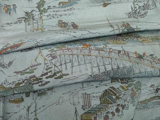 平和屋着物○男性 小紋 型染め 人物風景文 正絹 逸品 AABD9336ck