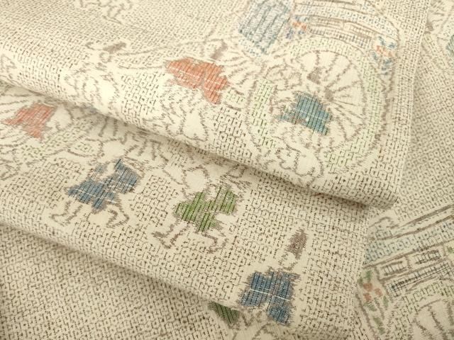 平和屋着物●本場結城紬　重要無形文化財　100亀甲　御所車人物文　モロ入り　正絹　逸品　AABD9347ck 平和屋着物○本場結城紬 重要無形文化財 100亀甲 御所車人物文 モロ