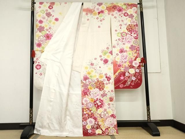 平和屋着物 豪華振袖 刺繍 花蝶文 暈し染め 金銀彩 銀通し地 正絹 cs