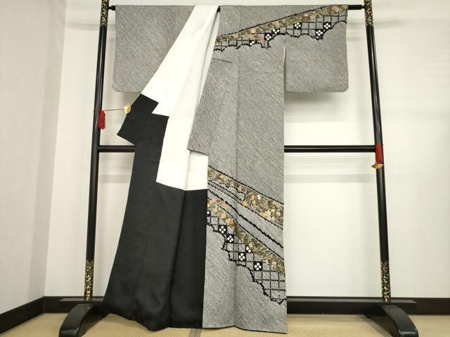 平和屋着物 訪問着 総絞り 刺繍 草花文 黒地 金彩 正絹 ck