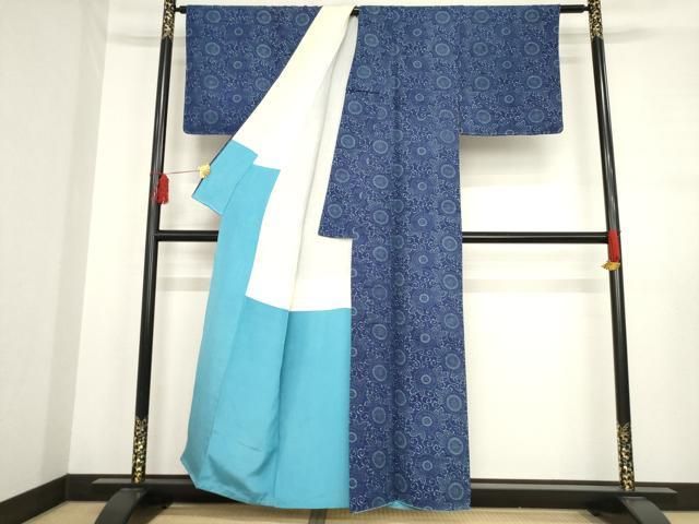  平和屋着物 上質な小紋 紬地 本藍 型染め 菊唐草 正絹 ck 小紋 着物