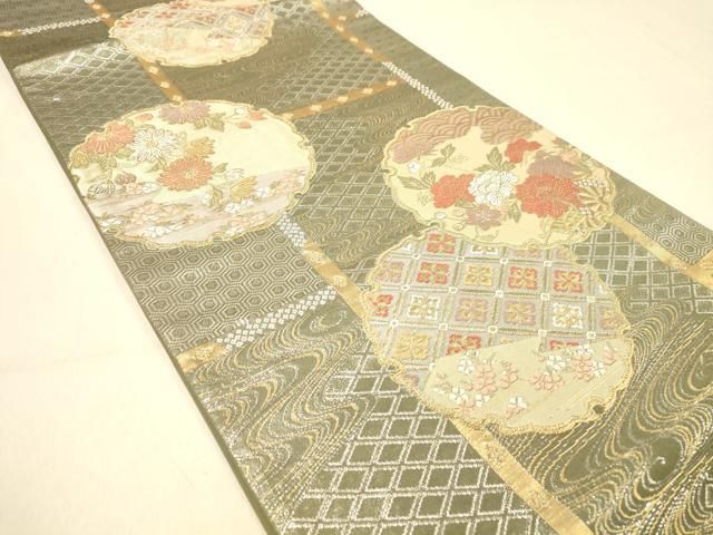 平和屋着物◎六通柄袋帯 雪輪吉祥花文 プラチナ箔 正絹 逸品