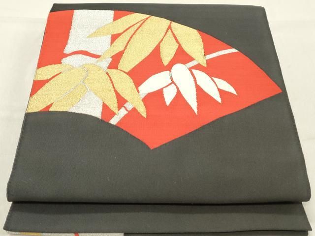 平和屋着物◎爪掻き本綴れ 八寸名古屋帯 地紙笹竹文 黒地 金銀糸 正絹