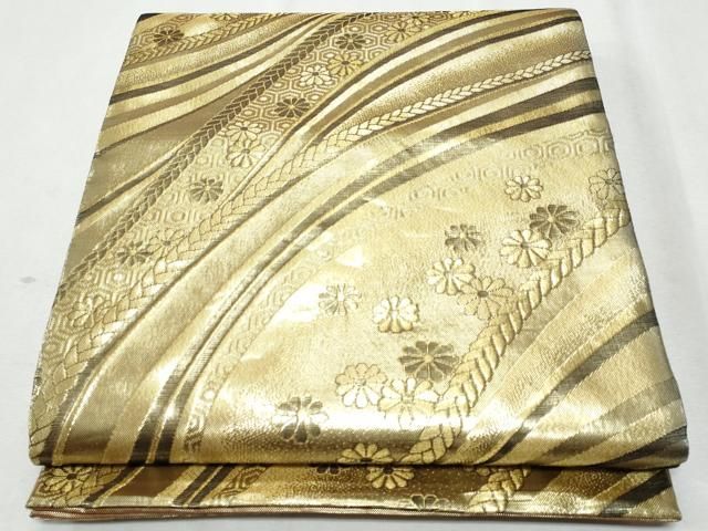 平和屋着物◎佐賀錦 両面 六通柄袋帯 斜線草花文 金糸 正絹 逸品