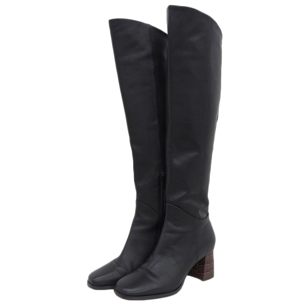 Mode et Jacomo モードエジャコモ レザー バック切り替え スクエアトゥ ロングブーツ シューズ レディース ブラック 23.5 cm