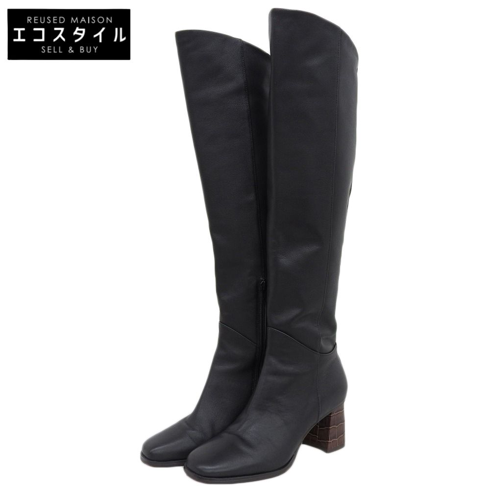 Mode et Jacomo モードエジャコモ レザー バック切り替え スクエアトゥ ロングブーツ シューズ レディース ブラック 23.5 cm