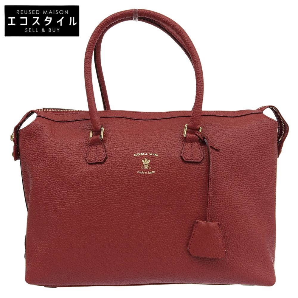 A.D.M.J. Accessoires De Mademoiselle ADMJ シュリンクカーフ サイドロゴプレート ボストンバッグ レディース レッド×ゴールド A 489349