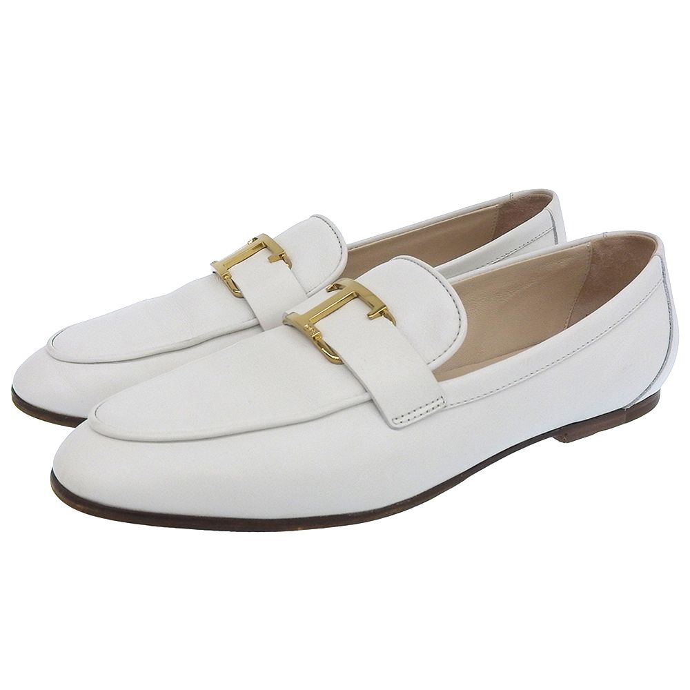 TOD S トッズ Tタイムレス カーフレザー メタルロゴ ローファー シューズ レディース ホワイト×ゴールド 39