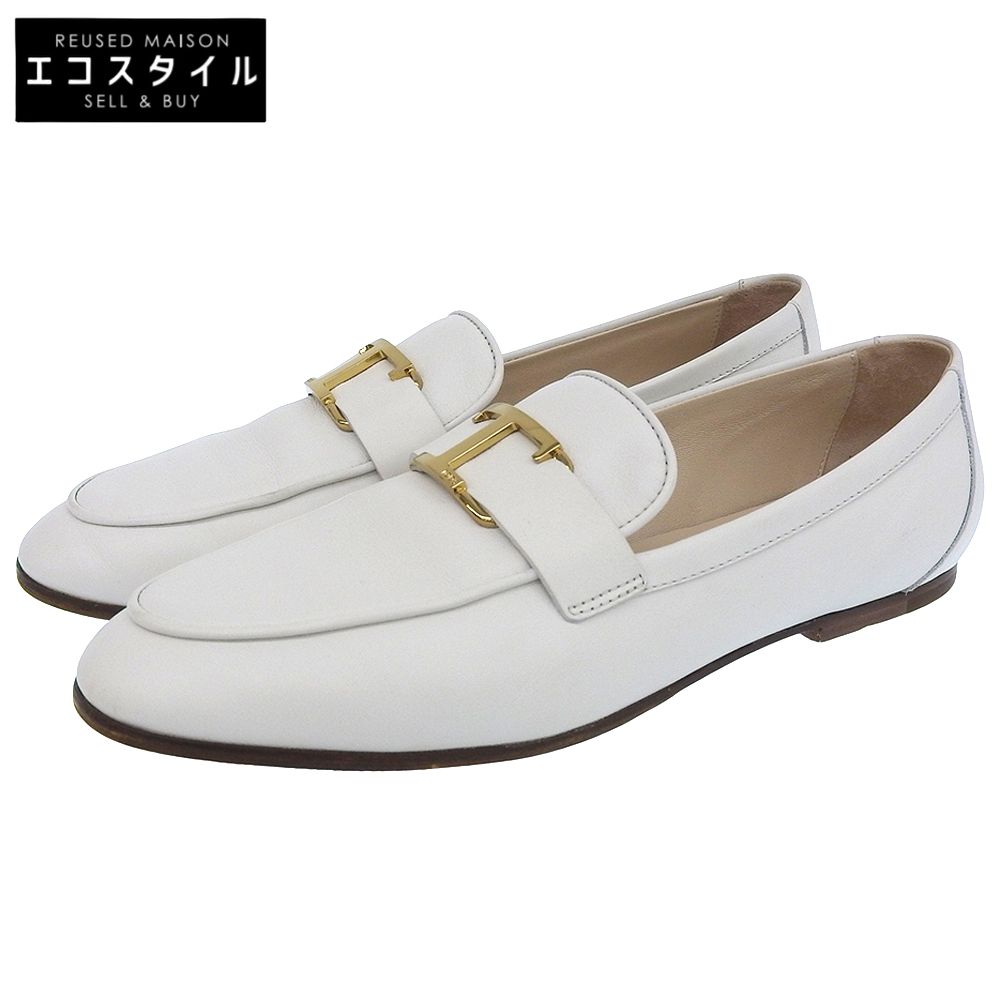 TOD S トッズ Tタイムレス カーフレザー メタルロゴ ローファー シューズ レディース ホワイト×ゴールド 39