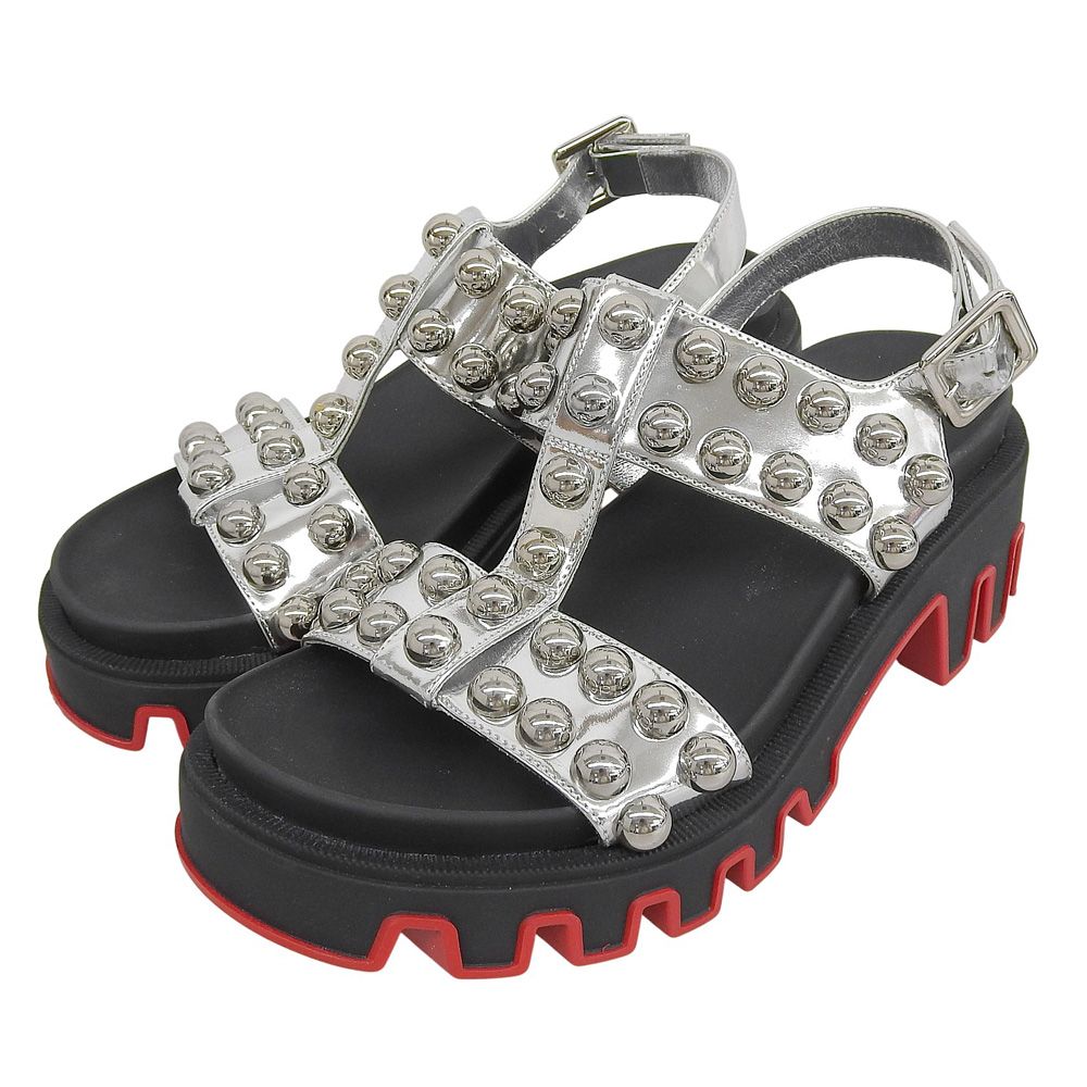 Christian Louboutin クリスチャンルブタン Duniclou デュニクルー スタッズ アンクルストラップ ヒールサンダル ブラック×シルバー 36