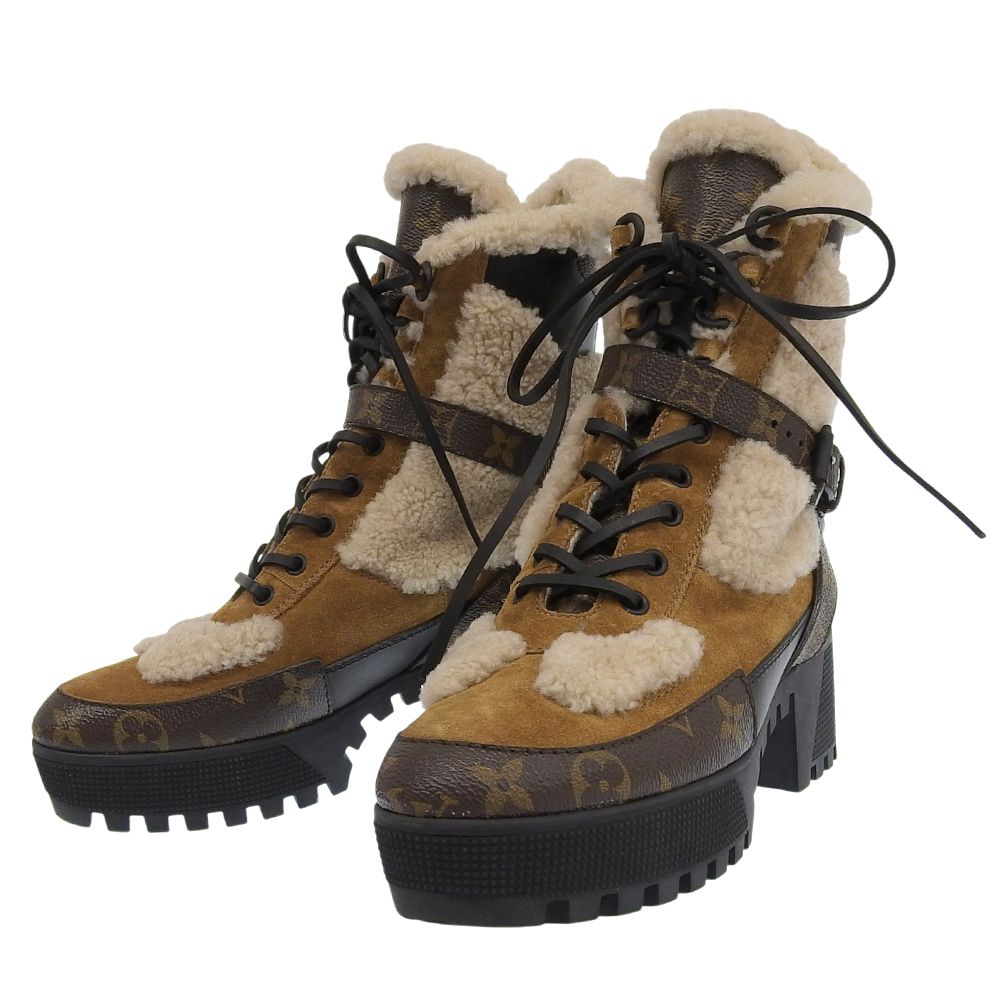 LOUIS VUITTON ルイヴィトン ローリエートライン モノグラムベルト ボアショートブーツ レディース ブラウン オフホワイト 38 1 2 38.5