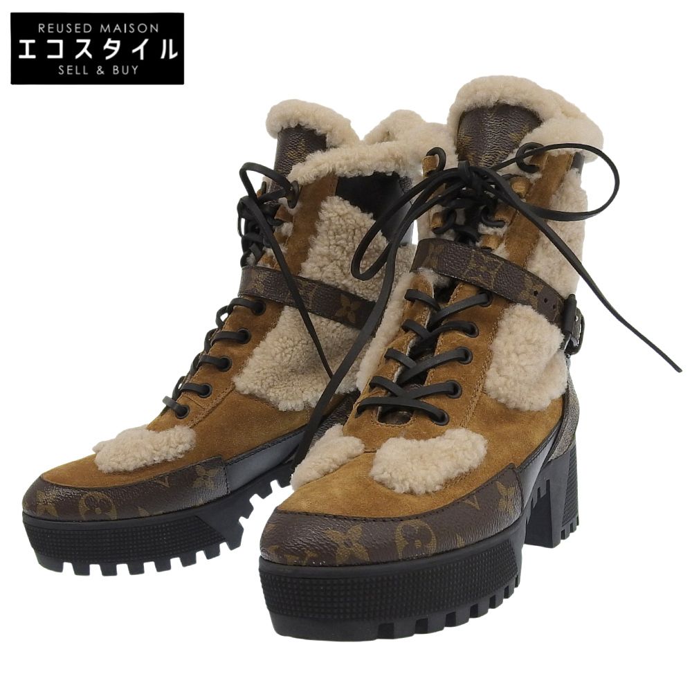 LOUIS VUITTON ルイヴィトン ローリエートライン モノグラムベルト ボアショートブーツ レディース ブラウン オフホワイト 38 1 2 38.5