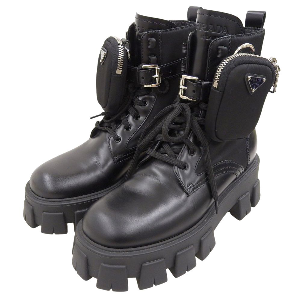 PRADA プラダ レザー×ナイロン モノリス ポーチ付 トライアングルロゴブーツ レディース ブラック38 1 2 255 38