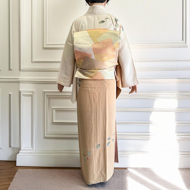 袋帯 フォーマル 正絹 六通柄 ベージュ 金 色紙文 波文 入学式 卒業式