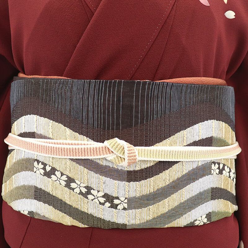 袋帯 フォーマル 正絹 六通柄 灰青 茶 よろけ縞 桜 パーティ 長さ440 cm 幅31 和装 礼装用 着物 仕立て上がり