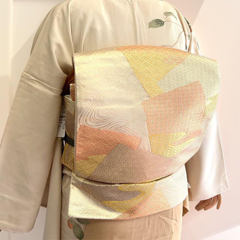 袋帯 フォーマル 正絹 六通柄 ベージュ 金 色紙文 波文 入学式 卒業式