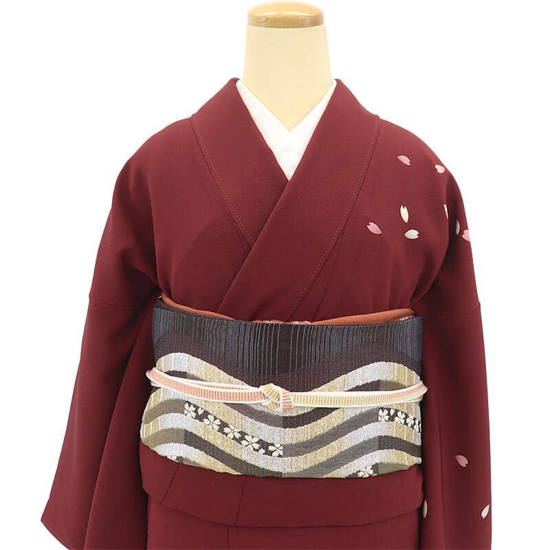 付下げ 袋帯 4点セット コーデ 袷 レディース 正絹 臙脂 桜 身丈164 cm 裄丈67.5 パーティ 観劇 M～Lサイズ相当 着物