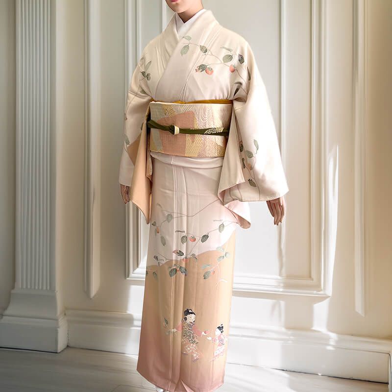 十日町友禅 関口遼一 訪問着 袋帯 2点セット コーデ 袷 レディース 正絹 ベージュ 童子 落款 色紙柄 身丈160 cm 裄丈66.5 Mサイズ相当 着物