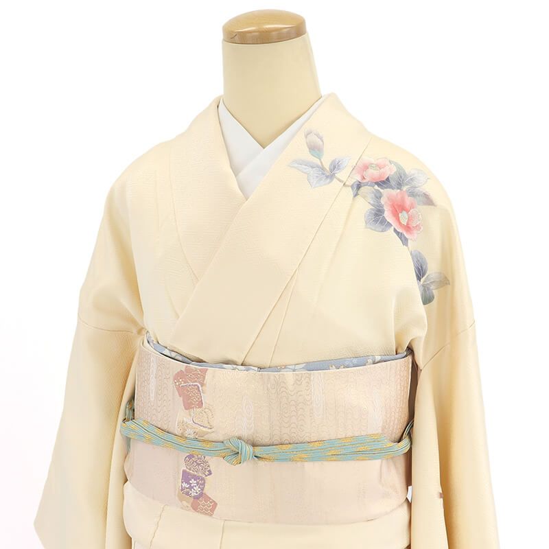 付下げ 袋帯 4点セット コーデ 袷 レディース 正絹 白ベージュ 刺繍 椿 身丈160 cm 裄丈66 式典 パーティ 観劇 Mサイズ相当 着物