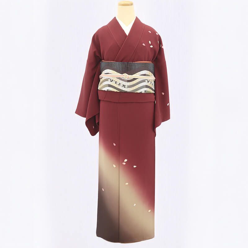  付下げ 袋帯 4点セット コーデ 袷 レディース 正絹 臙脂 桜 身丈164 cm 裄丈67 5 パーティ 観劇 M～Lサイズ相当 着物 訪問着 付け下げ 着物