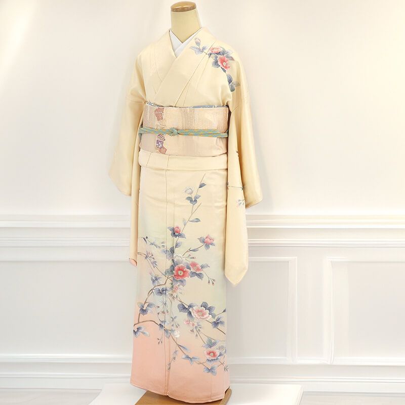 付下げ 袷 レディース 正絹 白ベージュ 刺繍 椿 身丈160cm 裄丈66cm