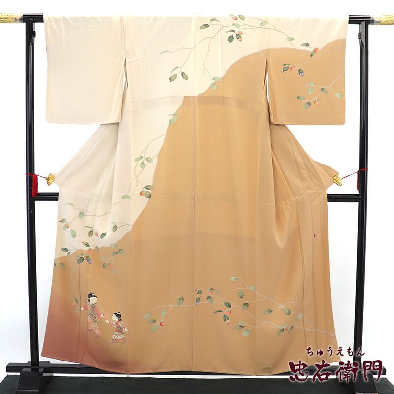 十日町友禅 関口遼一 訪問着 袷 レディース 正絹 ベージュ 童子 落款