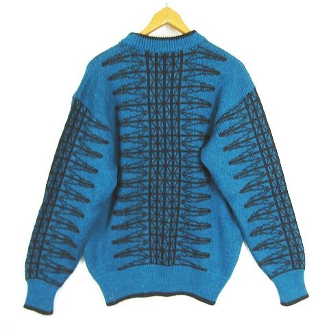 美品 90's Vintage Mr.JUNKO 総柄デザインニット メンズM ミスタージュンコ Mr.JUNKO for men ニット セーター 長袖 毛 M ブルー