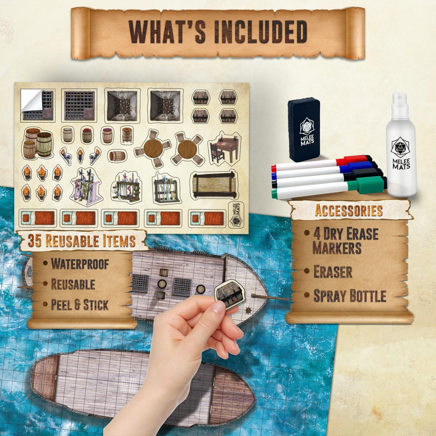 Melee Mats DNDマップスターターキット - 24インチ x 36インチ 両面 ウェット ドライイレース バトルテレイングリッド 究 の卓上ボードゲーム体験 付き