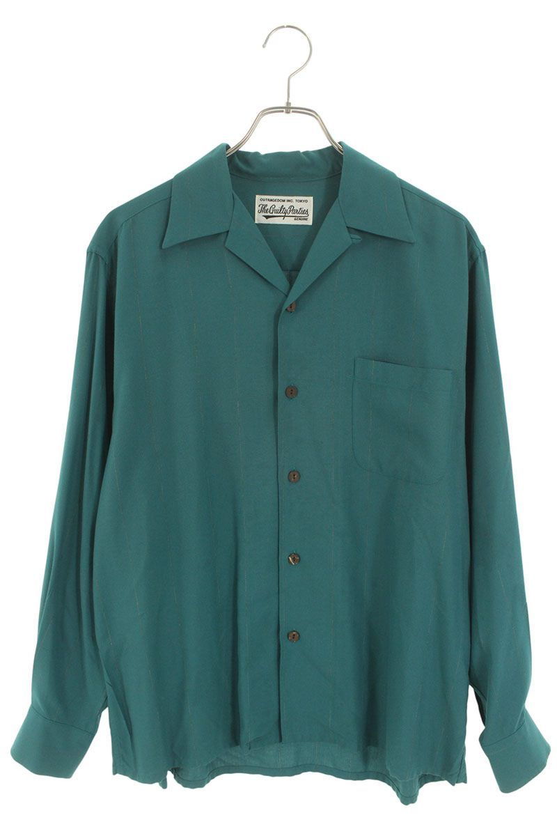 3510M【美品】ワコマリア☆ストライプ オープンカラー 長袖シャツ グリーン ワコマリア オープンカラー ストライプ レーヨン長袖シャツ メンズ S