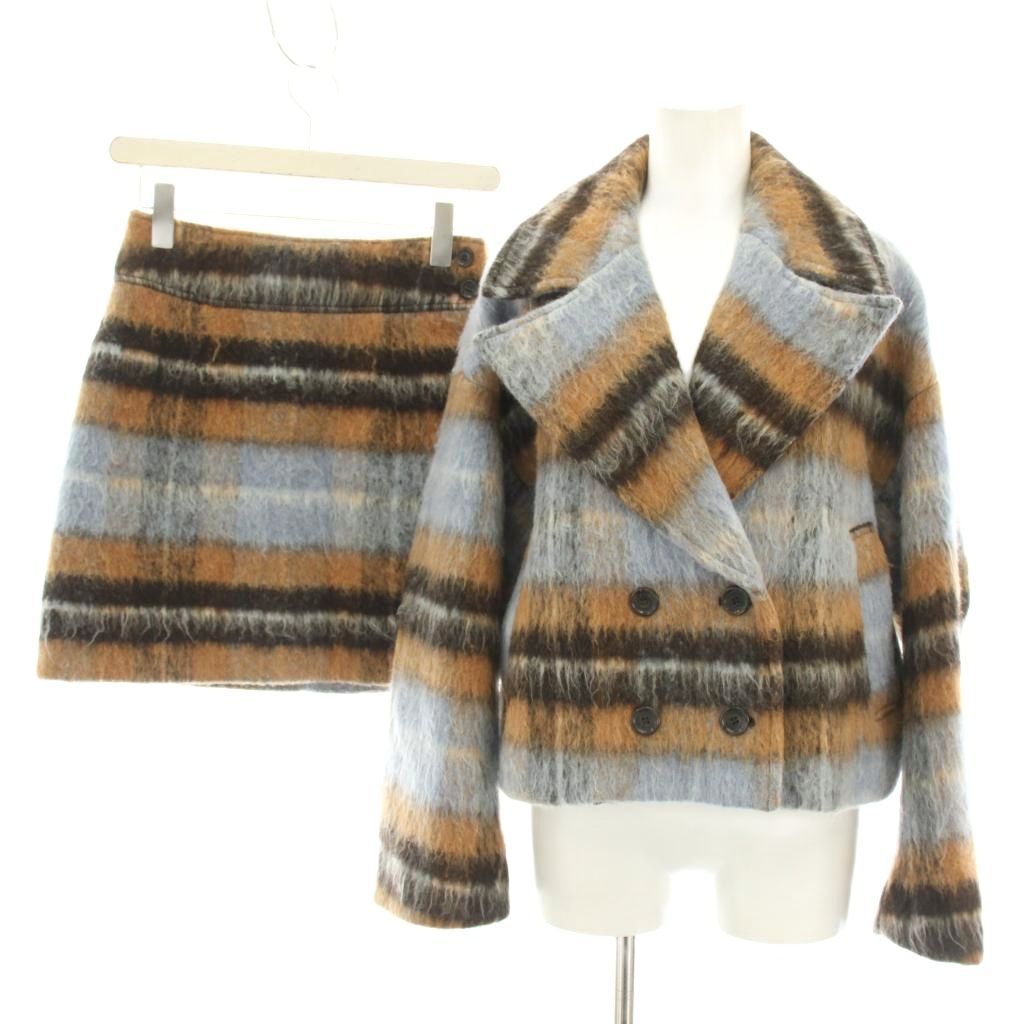 リリーブラウン Lily Brown 22 AW セットアップ 上下 ダブル釦ショート丈チェックコート ONE SIZE ウール混ボックスチェックミニスカート 0 茶 ブラウン 水色 ライトブルー YT