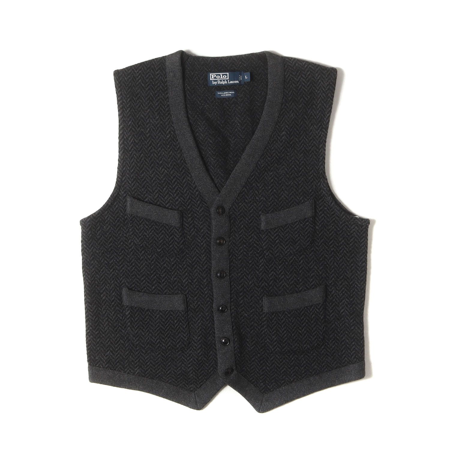 【美品】POLO Ralph Lauren ポロ ラルフローレン ベスト ブラック×ヘザーグレー サイズ:L | ヘリンボーン ジャガード ウール ニット ベスト (KR-RL-KA-3705) | トップス レイヤード【メンズ】【中古】