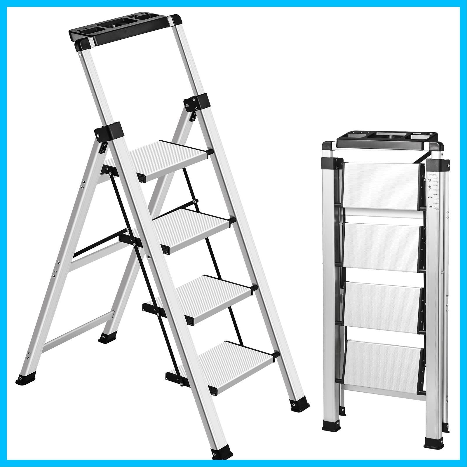 はしご 耐荷重150 KG コンパクト トレー付き 軽量 洗車 ふみだい アルミ 室内 折りたたみ 引っ越し 踏み台 大掃除 おしゃれ 4段 シルバー 脚立 XinSunho